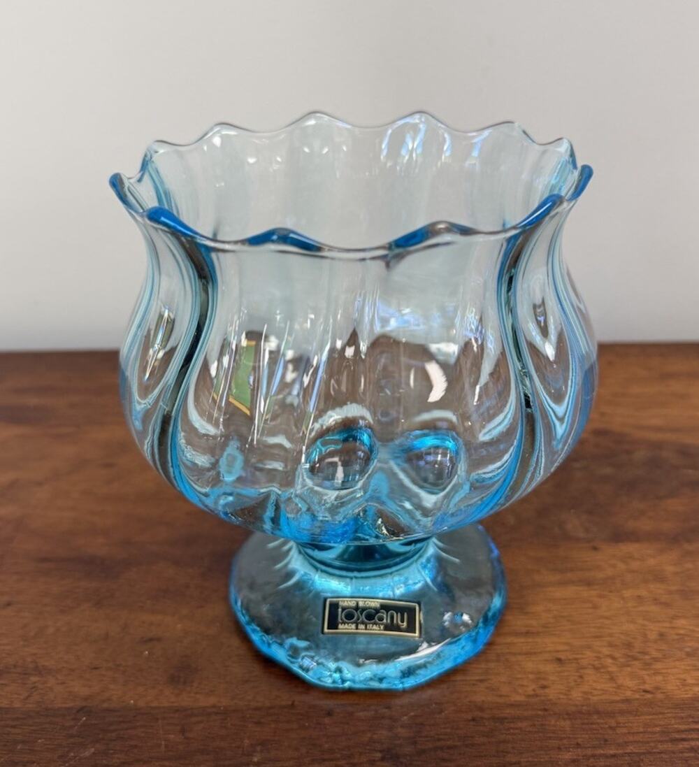 Vintage Toscany Italy Hand Blown Aqua Blue Art Glass Footed Bowl Compote 6"